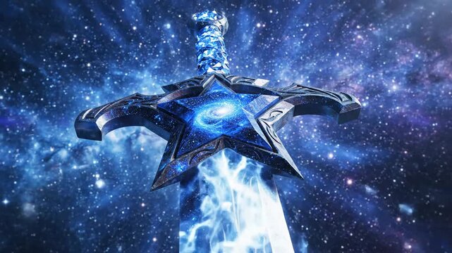 Cosmic Fantasy Sword Glowing in Galaxy