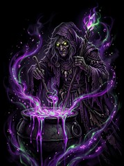 Obraz premium Ancient hooded witch brewing glowing purple potion in a dark cauldron.