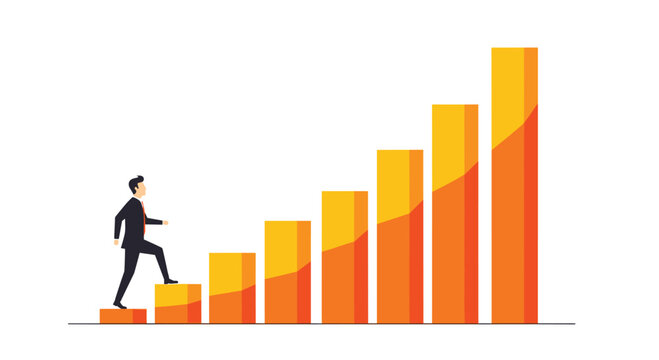 A determined professional businessman in a dark suit climbs a series of ascending orange bar graph columns that serve as a symbolic staircase to success.