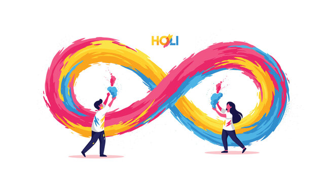 Two joyful people celebrate the traditional indian spring festival by tossing colorful pigments into the air inside a massive swirling infinity loop symbol.