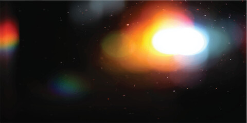 Fototapeta premium A glowing sun and moon shine amidst clouds in a fantasy nebula sky featuring a spiral galaxy and supernova light within a dark outer space universe
