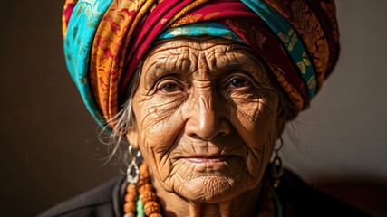 Fototapeta premium Close up portrait of an elderly indigenous woman with deep wrinkles wearing a colorful turban