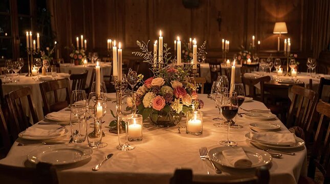 Elegant Dinner Setup with Candles and Floral Arrangements