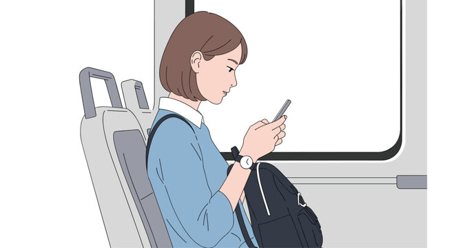 A young female passenger with short brown hair sits comfortably on a grey bus seat while focused on her mobile smartphone screen during transit.