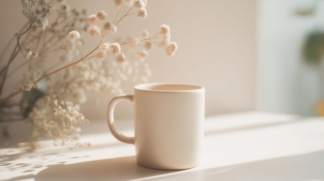 A simple ceramic mug sits on a white surface beside delicate dried flowers with soft natural light casting gentle shadows