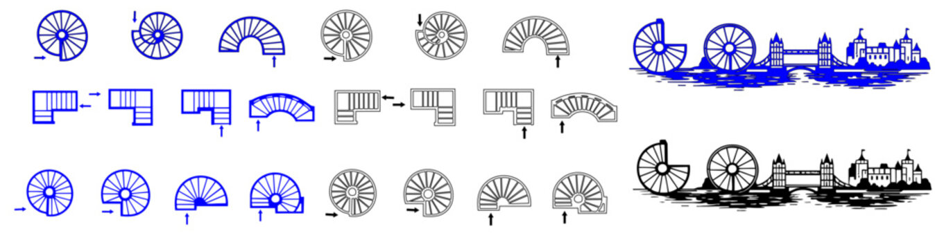 Vector Architectural Top View Staircase Plan Symbols &ndash; Spiral and L-Shaped Stair Designs