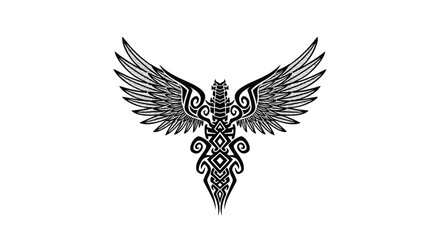 Obraz premium A meticulously detailed black tribal emblem featuring sharp geometric patterns and expansive feathered wings stands out against a pristine and solid white background.