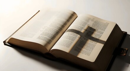 Fototapeta premium Gentle studio image of open holy book illuminated by soft rays with subtle cross shadow captured in centered composition isolated against seamless white background