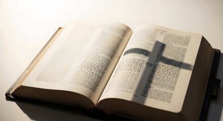 Fototapeta premium Premium studio portrait of open holy book illuminated by soft light rays with subtle cross shadow isolated on pure white background