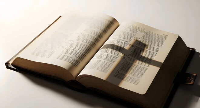 Gentle studio image of open holy book illuminated by soft rays with subtle cross shadow captured in centered composition isolated against seamless white background