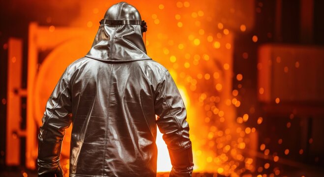 Male steelworker in aluminized heat reflective suit facing molten metal furnace in industrial foundry