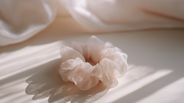 A light pink sheer scrunchie rests on a white surface with soft shadows and draped fabric