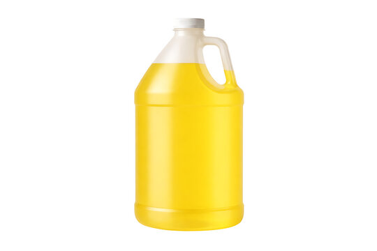 Generic gallon container with handle and screw cap containing golden liquid, isolated for cooking oil, beverage, detergent, or product design presentation use