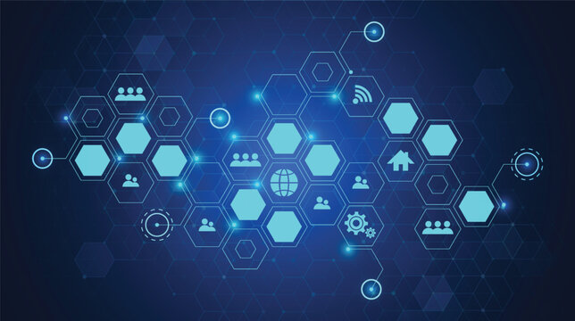 Abstract futuristic blue technology background with glowing hexagon network and digital business icons.