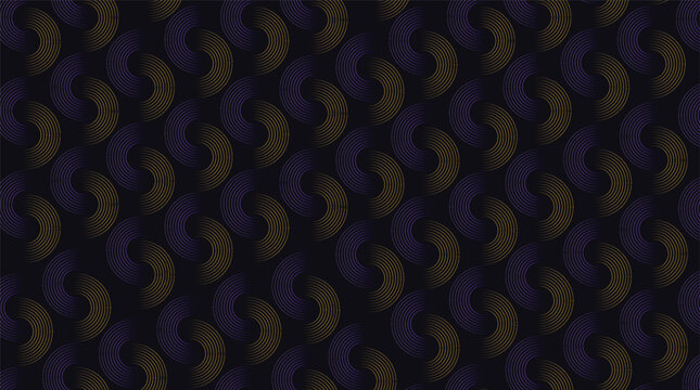 Luxury geometric seamless pattern with gold and purple circular lines on dark background.