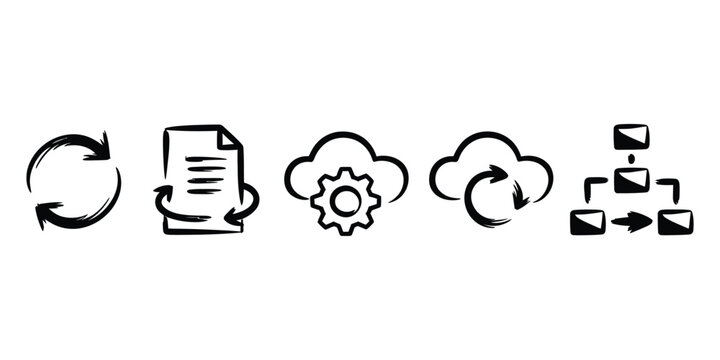 doodle style workflow and automation icons, black hand-drawn vector set, including cloud sync, document handling, process flow, task management, and system integration, business productivity.