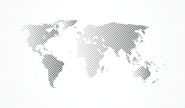 Minimalist grey halftone world map isolated on white background for business design.