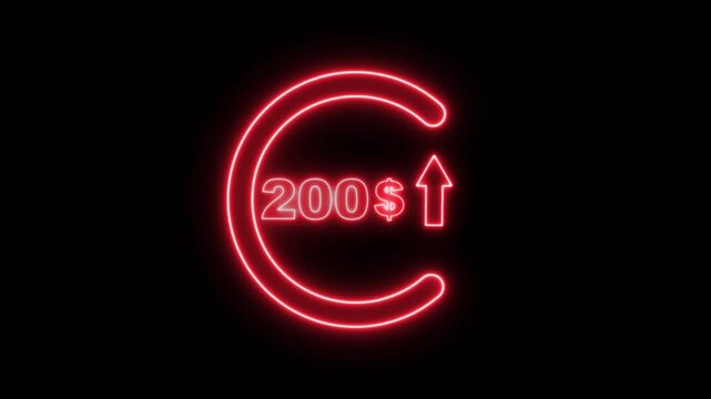 Neon 200 dollar price tag animation motion graphics business, technology, internet and networking concept. 4k video animation on background.