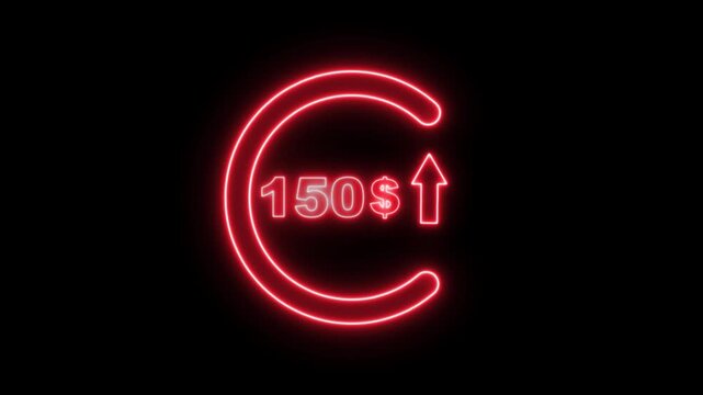 Neon 150 dollar price tag animation motion graphics business, technology, internet and networking concept. 4k video animation on background.
