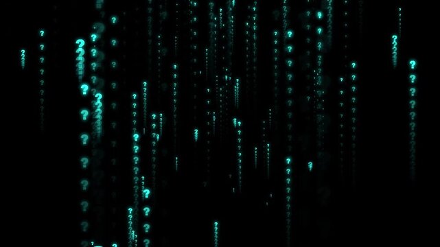 Abstract blue and green digital background featuring a futuristic matrix pattern of increasing question marks for a modern technology web motion design
