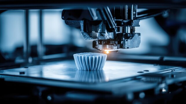 3d printer nozzle precisely depositing material layer by layer, forming a complex object on a reflective bed, representing innovation, engineering, and digital manufacturing