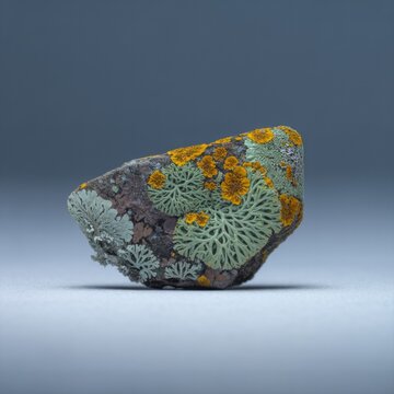 Lichen Growth on Rock Surface with Green and Yellow Tones Under Soft Studio Lighting