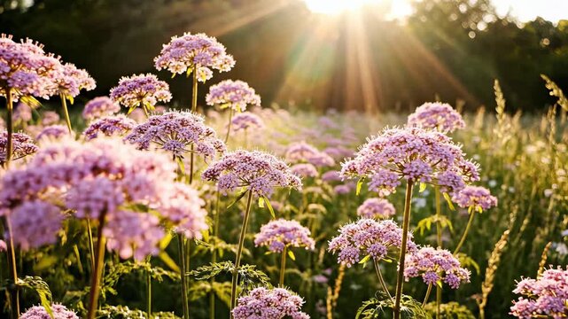 Sunlight shines on purple flowers in open field. Bright yellow rays illuminate blossoms in green grass. Concept of nature, gardening, landscaping