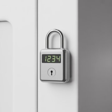 Metallic Digital Combination Padlock Securing a White Locker Door on Gray Background
