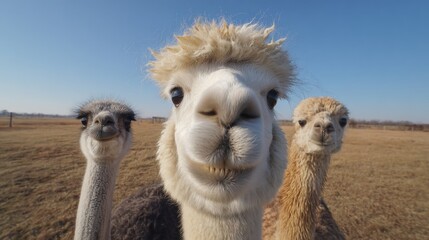 Fototapeta premium Close-Up Of Curious Alpacas And Ostrich In Open Field. Animals Exploring Their Surroundings With Interest