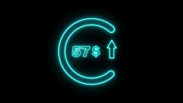 Cyan neon circular arrow with the number 57 and a dollar sign indicating financial growth and upward trend on a black background
