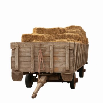 Old Wooden Wagon Filled With Golden Square Bales of Hay Against White Background
