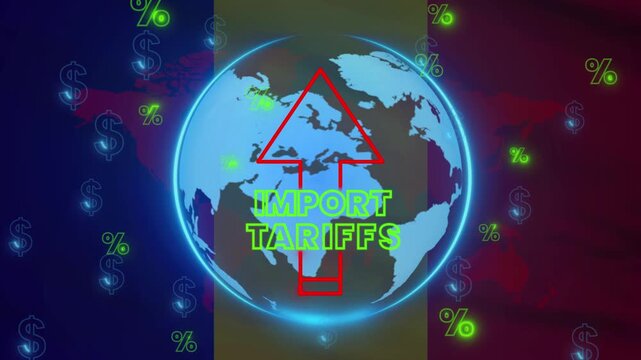 Global trade implications visualized through a stylized depiction of import tariffs and a rising arrow over a world map.