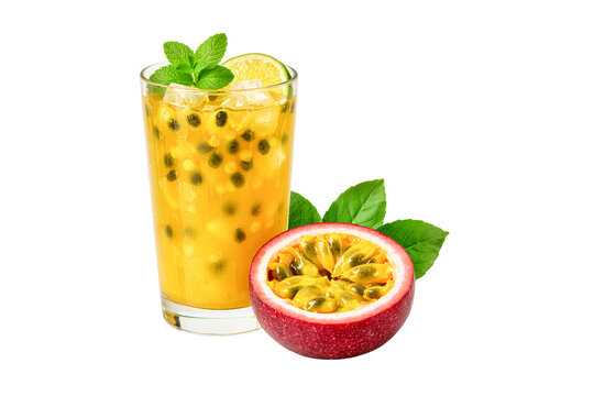 glass of passion fruits with leaf isolated on white