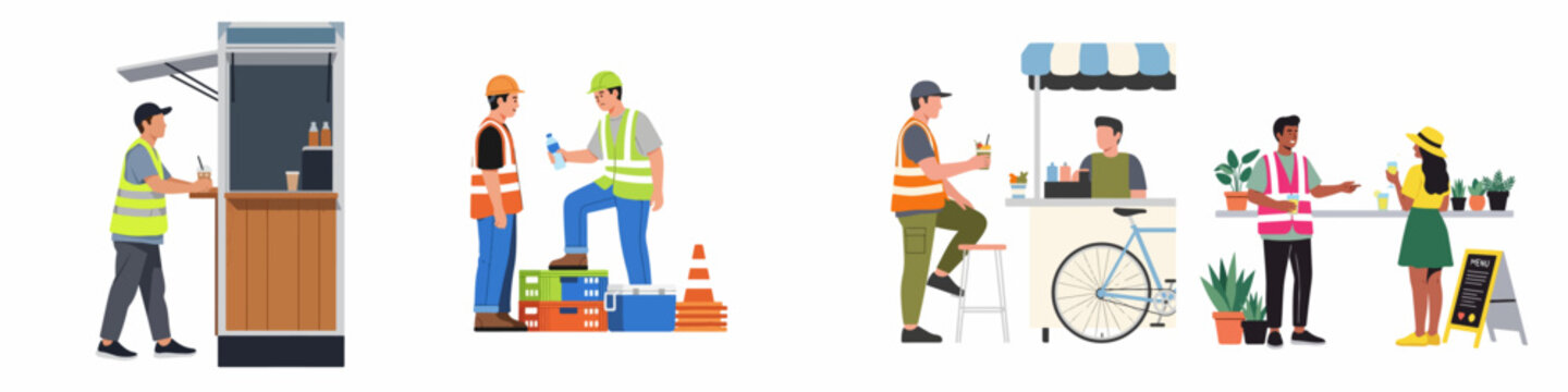 Flat vector illustrations of construction workers taking breaks at food stalls, buying drinks, and socializing during their workday.