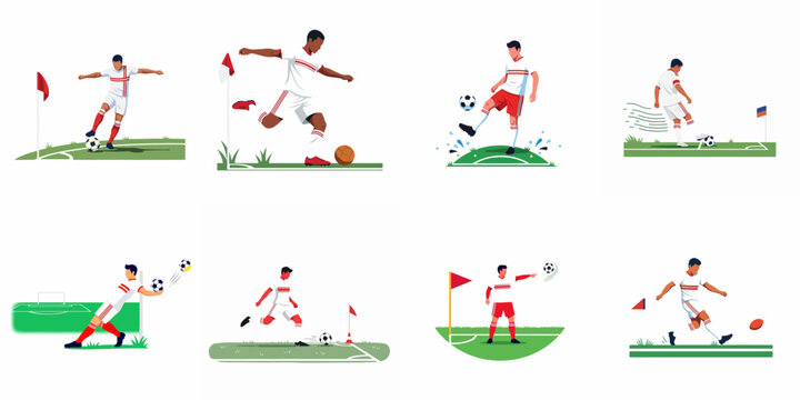 Set of vector illustrations featuring soccer players in various actions on the field, including kicking, juggling, and taking corner kicks.