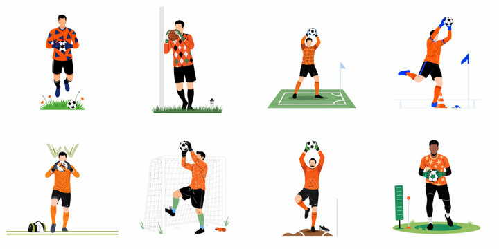 Set of eight diverse flat vector illustrations depicting soccer goalkeepers practicing, catching balls, and training in different scenarios on a white background.