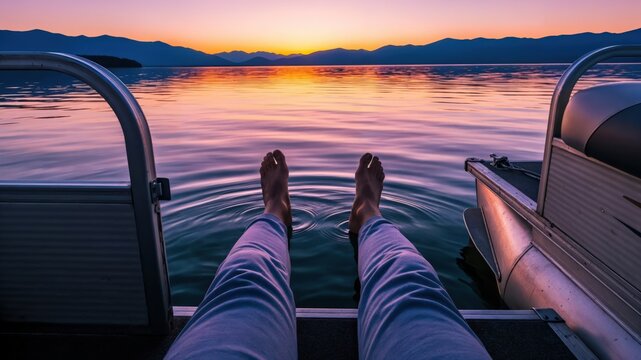 Young adult on digital nomad workation sabbatical relaxing on pontoon boat at sunset lake