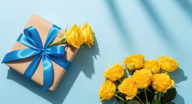Father's day gift ideas yellow roses and a present with blue ribbon