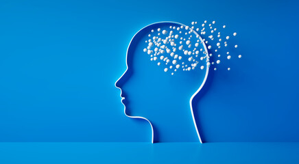 Head and brain diseases concept - scattering spheres flying out of human head symbol on blue background with copy space