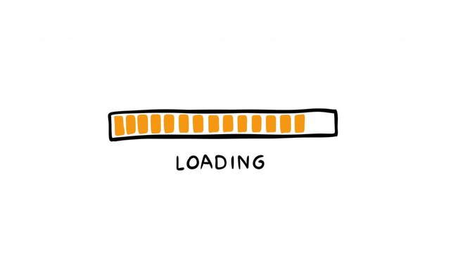 Hand drawn scribble 2d animation of segmented loading progress bar with orange blocks. Sketchy cartoon motion element step by step status indicator in doodle container for creative designs.