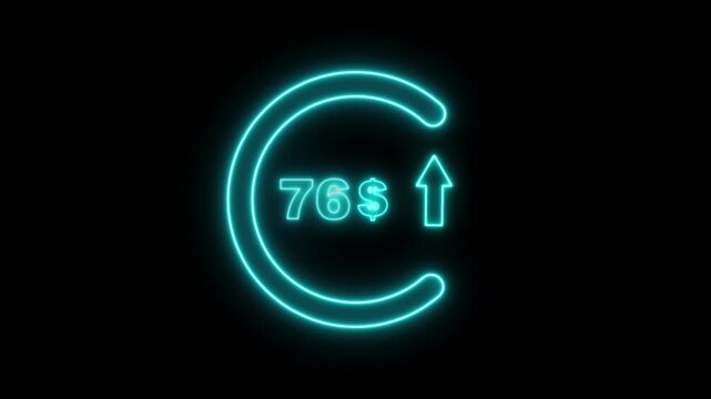 Red neon circular arrow with the number 76 and a dollar sign indicating financial growth and upward trend on a black background