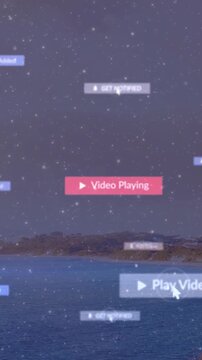 Vertical video: Cursor clicking Play, turning red Playing bar drifting banners over sea for tech UX
