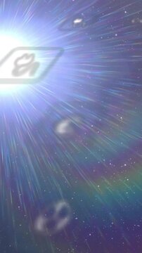 Vertical video: Blue flare emitting clear icon panels drifting across stars, showing tech data flow