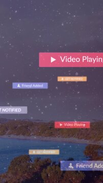 Vertical video: Mouse clicking friend badge showing play tile and tags drifting, fading over bay IT