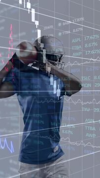 Player holding ball starting ahead in gray set, finance charts animating around him showing gains