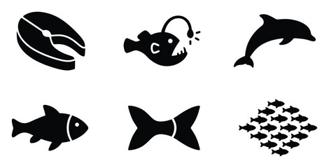 Fototapeta premium Dynamic collection of versatile marine life and fish icons featuring a dolphin, anglerfish, fish steak, and school of fish, ideal for menus, conservation, or aquatic themes
