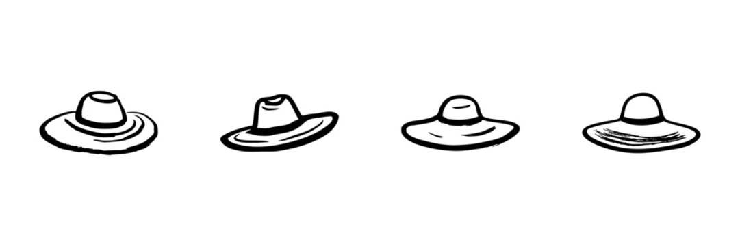 Four Cowboy Hats In Hand Drawn Style Set. Western Fashion, Rancher Style, Country Wear Doodle Sketch Collection. Vintage Headwear Illustration. Isolated Vector Illustration