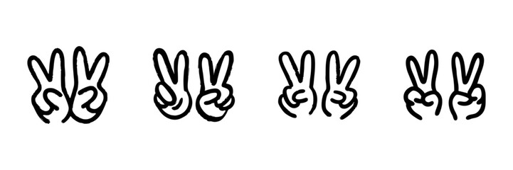 Fototapeta premium Peace Hand Gesture Icons In Hand Drawn Style Set. Symbol Of Victory, Harmony, And Positivity Doodle Sketch Collection. Communication And Expression. Isolated Vector Illustration