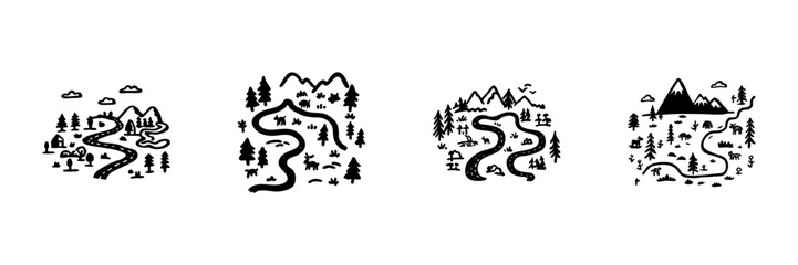 Naklejka premium Scenic Mountain Road Landscapes In Hand Drawn Style Set. Nature Exploration, Adventure Travel, Wilderness Journey Doodle Sketch Collection. Rustic Outdoor Illustration. Isolated Vector Illustration