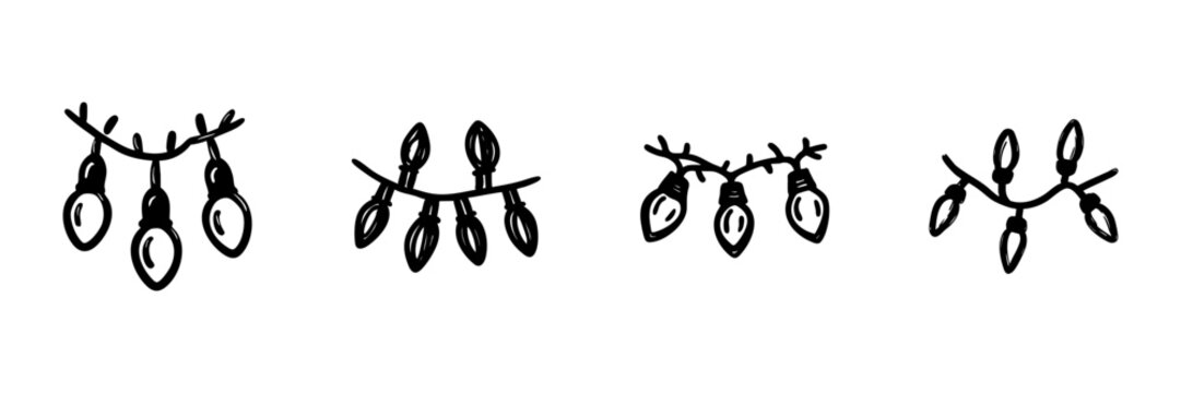 String Lights In Hand Drawn Style Set. Festive Decoration, Holiday Illumination, Celebration Lighting Doodle Sketch Collection. Seasonal Ornamentation. Isolated Vector Illustration